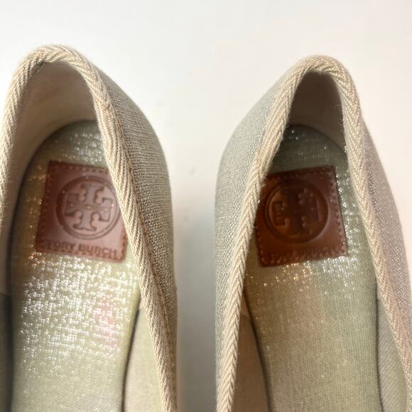 Tory Burch Jackie Espadrille Wedge Peep Toe Pumps in Beige Canvas Size 8.5 - Picture 7 of 10
